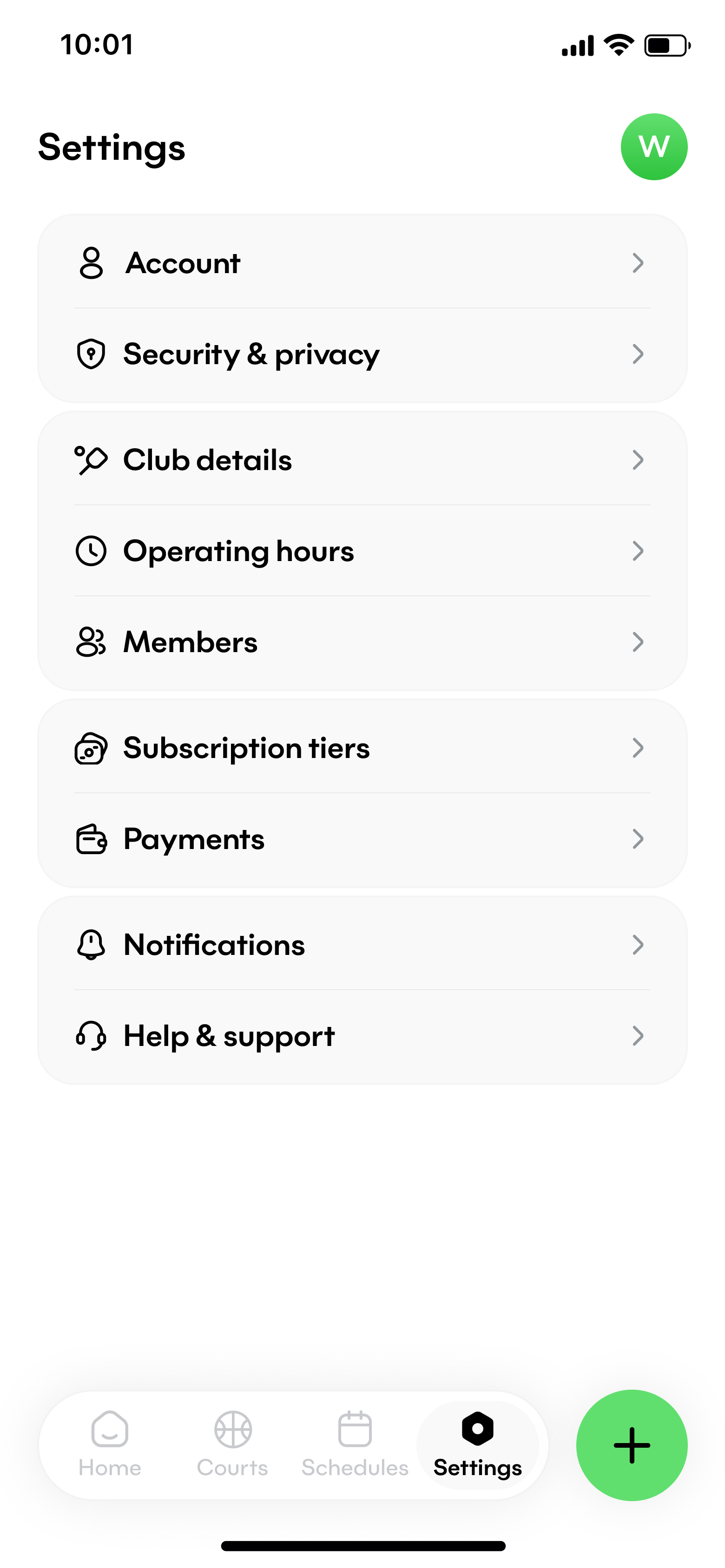 Settings screen
