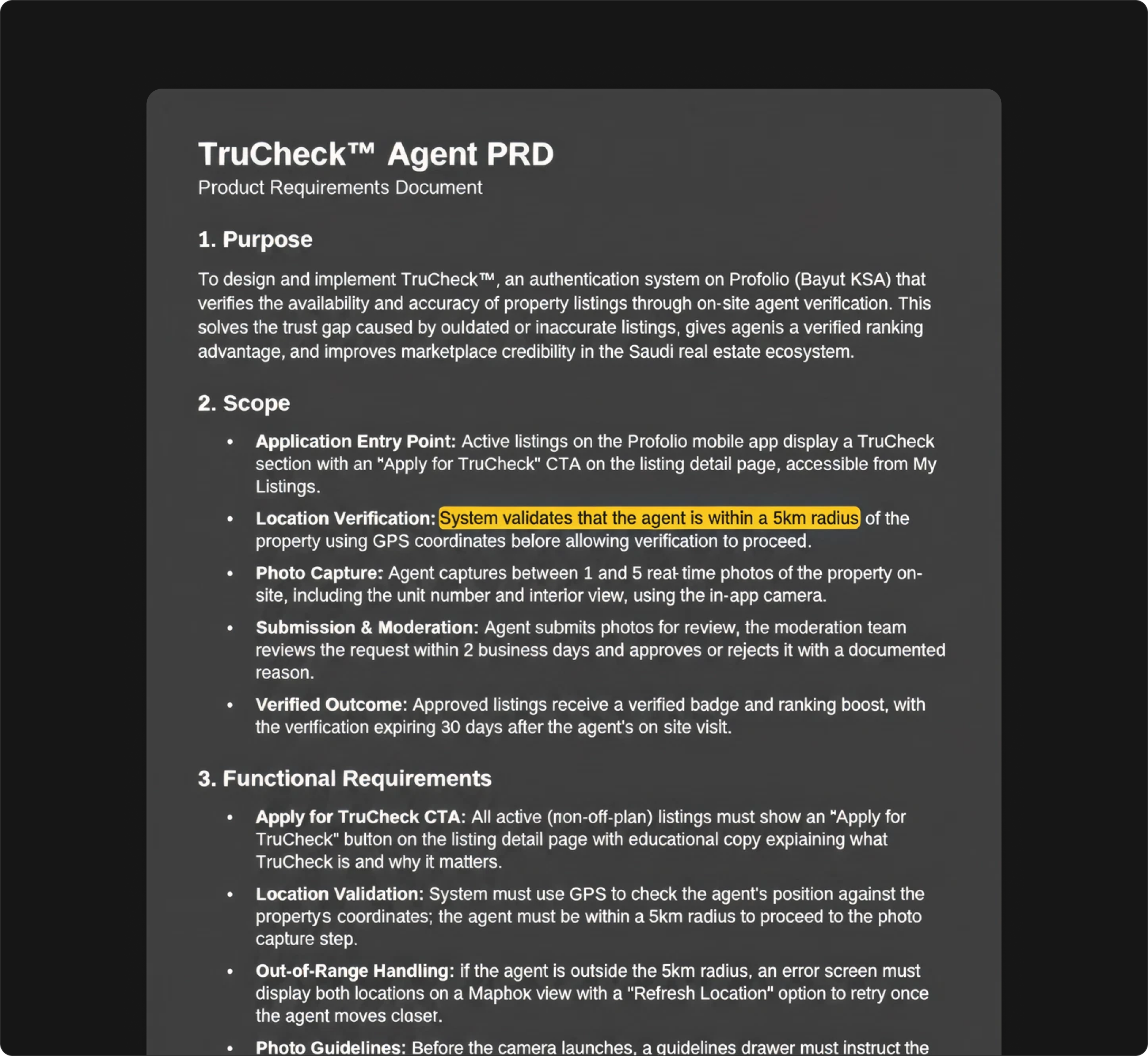TruCheck Agent PRD with highlighted requirement: System validates that the agent is within a 5km radius