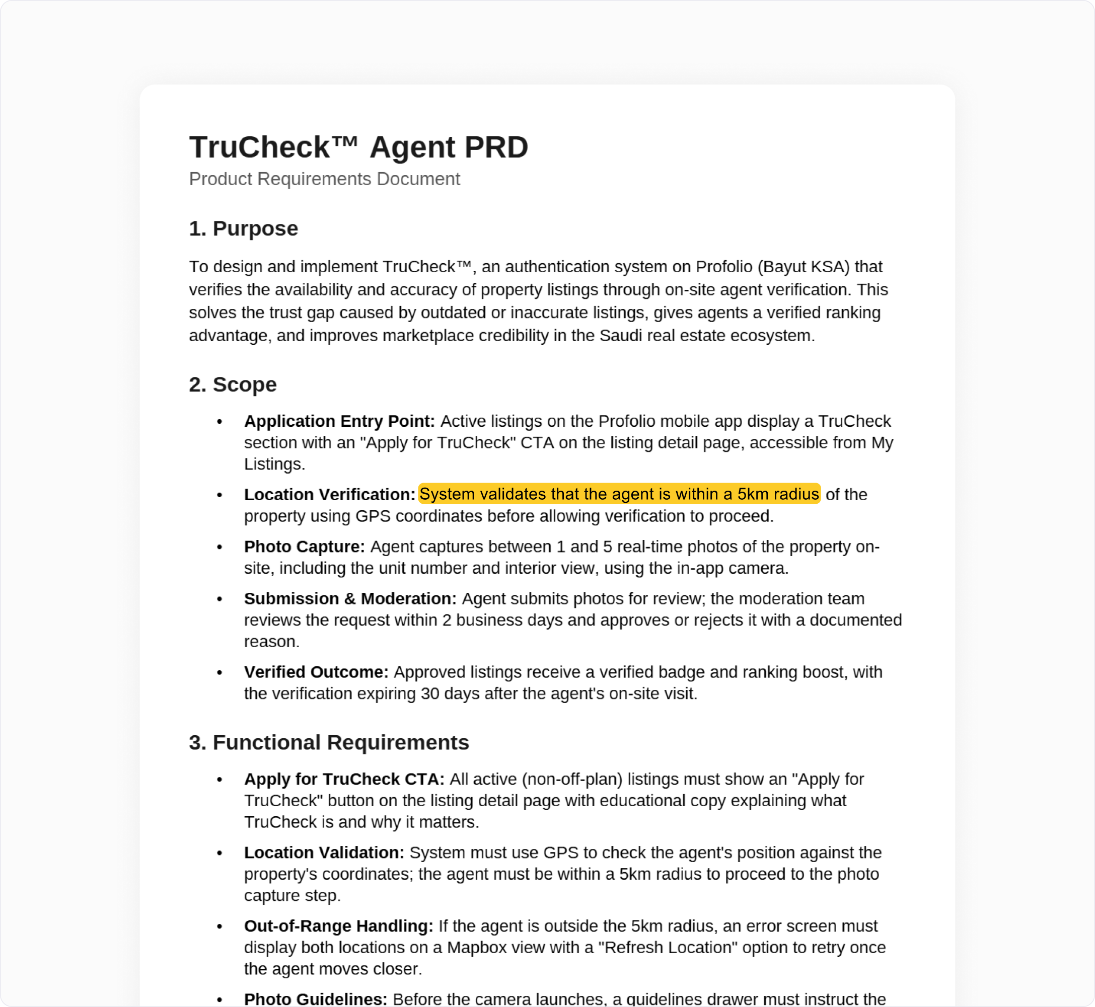 TruCheck Agent PRD with highlighted requirement: System validates that the agent is within a 5km radius