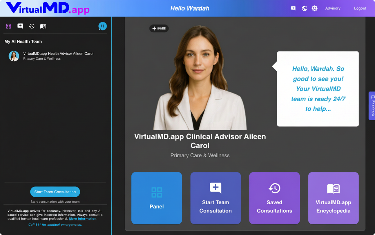 Old VirtualMD interface — the consultation screen